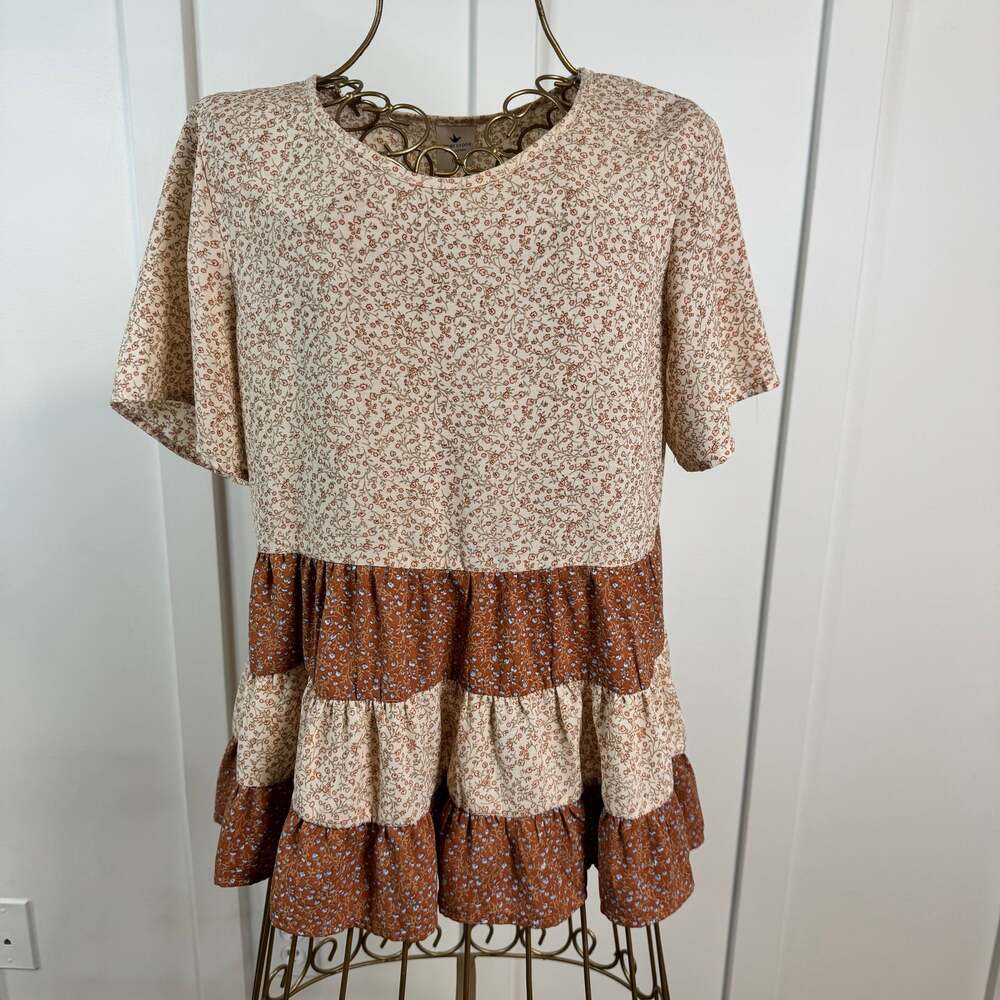 Paper Crane Tiered Floral Babydoll Blouse in Ivory and Brown